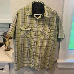 Kuhl Lightweight lime green plaid tshirt.